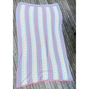 Handmade Crochet Knitted Afghan Throw Blanket Large 90” x 56” Pink Blue White